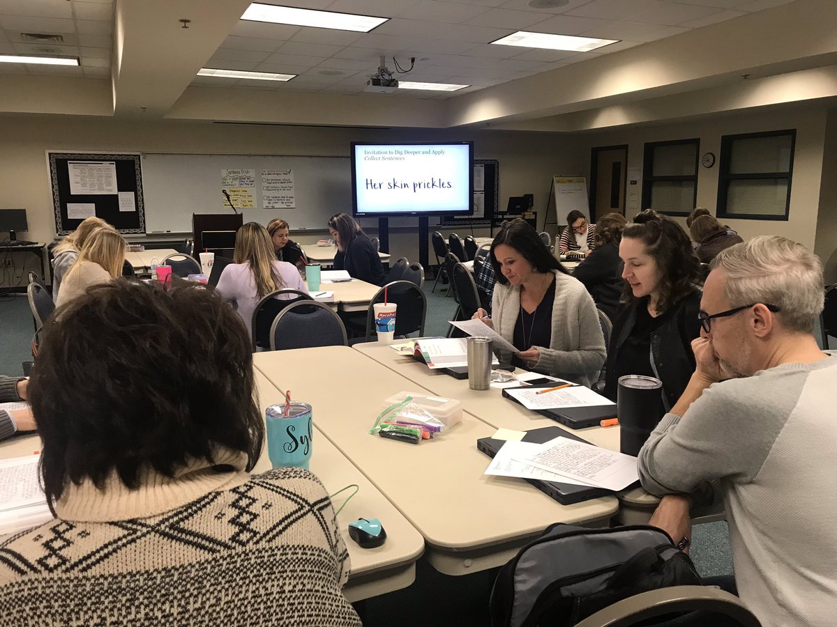 DrMacieKerbs's tweet photo. Gr 3 &amp; 4 Writing Ts collaborating today on best practices for teaching language and conventions. Drawing on the experts in the field @writeguyjeff and @gretchbernabei to inform our inquiry! #emsproud #emselar #emswrites https://t.co/H9IbGb3PcS