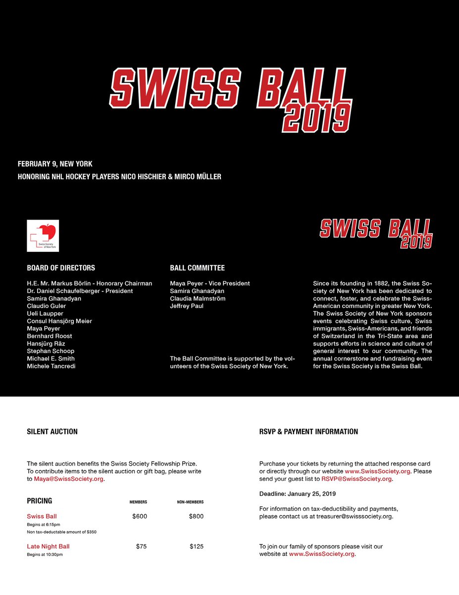 The Swiss Society of New York announced the Swiss Ball 2019 which will take place on February 9th at <a href="/Cipriani/">Cipriani</a>. Tickets are now available at swisssociety.org. Don't miss this glamorous Swiss gathering honoring hockey players <a href="/muellermirco/">Mirco Mueller</a> &amp; <a href="/nicohischier/">Nico Hischier</a> 🕺💃🥅🏒