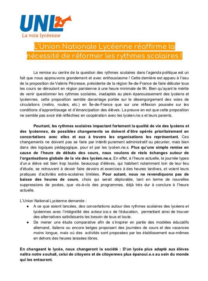 En réaction à la proposions de Valérie Pécresse de faire commencer tous les cours à 9h en Île-de-France, nous rappelons notre attachement à la qualité de la vie de tou.te.s les élèves.Cette exigence passe par des négociations autour des #RythmesScolaires !
syndicat-unl.fr