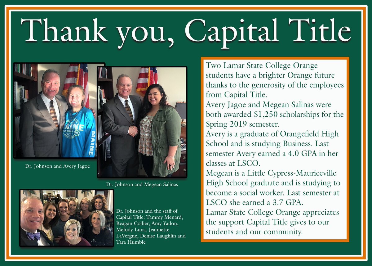 LamarOrange's tweet photo. LSCO greatly appreciates the generous support from Capital Title. Our students will accomplish so much because of you! #OrangehelpingOrange #OrangeTexas #LSCOstrong #LamarOrange #CapitalTitle #scholarships https://t.co/IFgP6GhzrG