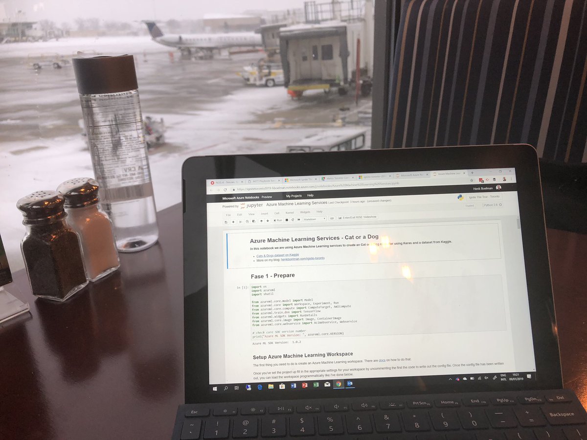 hboelman's tweet image. Doing some machine learning with #AzureMachineLearningServices from my #azurenotebook using a #surfaceGo on the airport. It is all possible! Find out how to do this in my Friday morning session on #MSIgniteTheTour in Toronto! #mvpbuzz