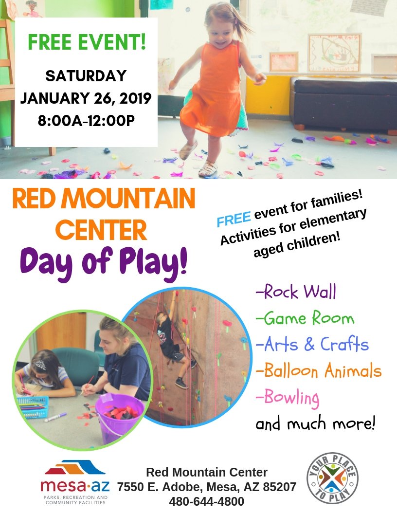 RedMtnCenter's tweet photo. Mark your calendar! 🗓️ #RedMountainCenter hosting #DayofPlay Saturday, 1/26 from 8a-12p! 🎈👫🎨🤹‍♀️ #familyfun #freeevent #mesaaz #yourplacetoplay https://t.co/qdilEp7U64