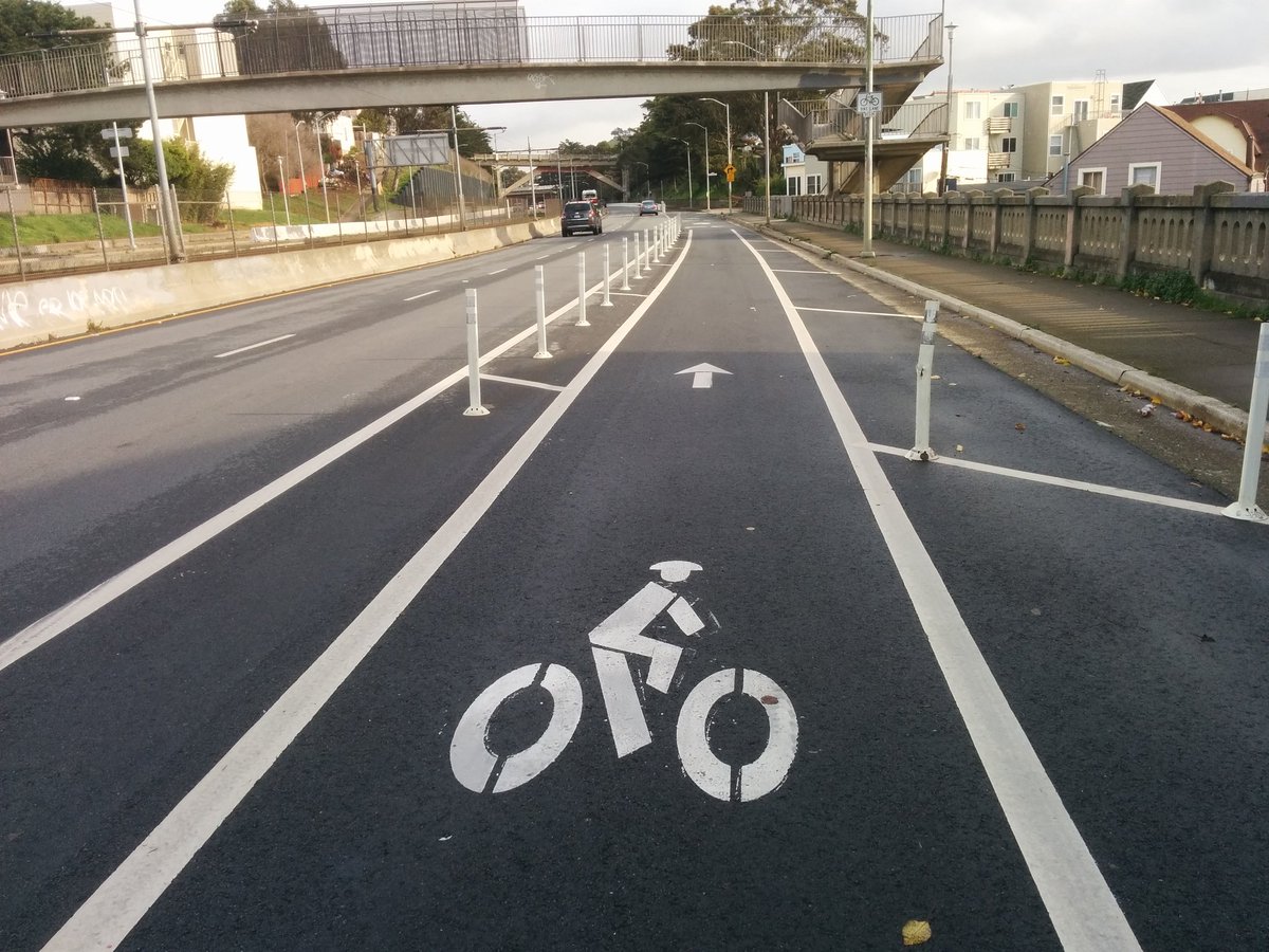 Back in SF, here is San Jose between Milton and St. Mary's. 10'5" from post to post. When San Jose is busy, drivers sneak through in the bike lane. One did it just now!