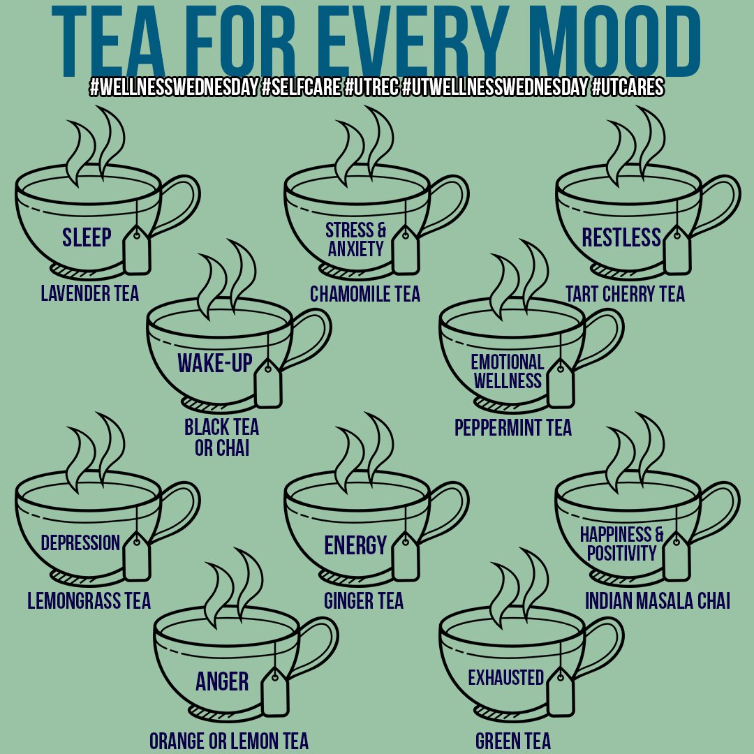 UToledoREC's tweet photo. Did you know there is tea for every mood? Whether you are a college student or a working professional you experience all these moods. It is important to listen to and take care of your body.
#WellnessWednesday #UTCares #UTREC #UTWellnessWednesday https://t.co/MQ6BTDwRGu