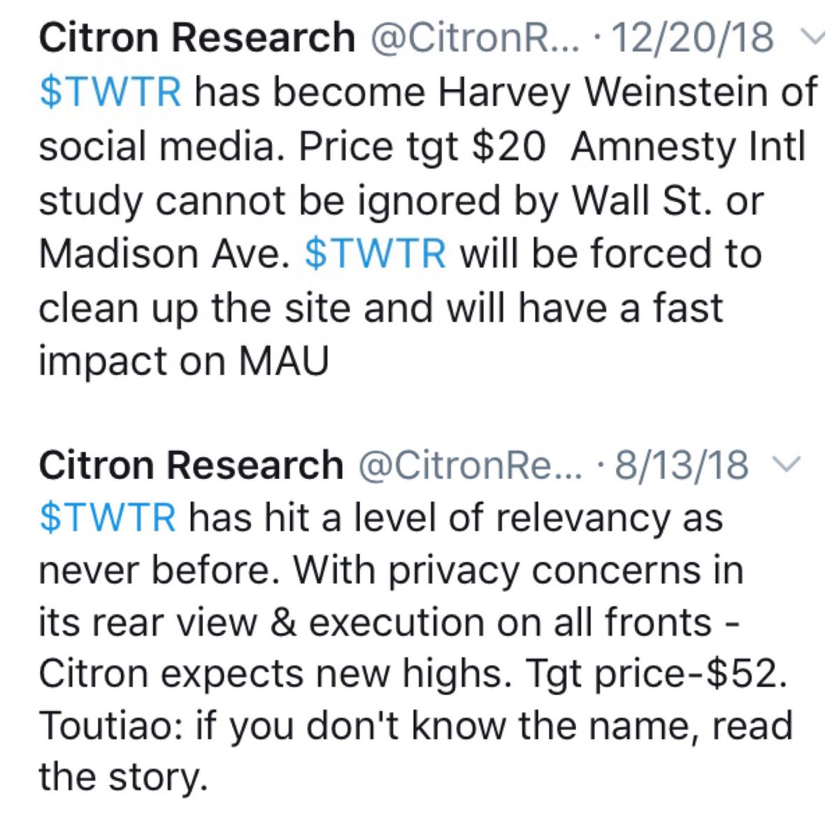 pr_rohit's tweet image. this is the worst kind of research in my view... in 4 months @CitronResearch cuts it’s price target from $52 to $20? #bancitron #badresearch #StockMarket #StockMarket $TWTR