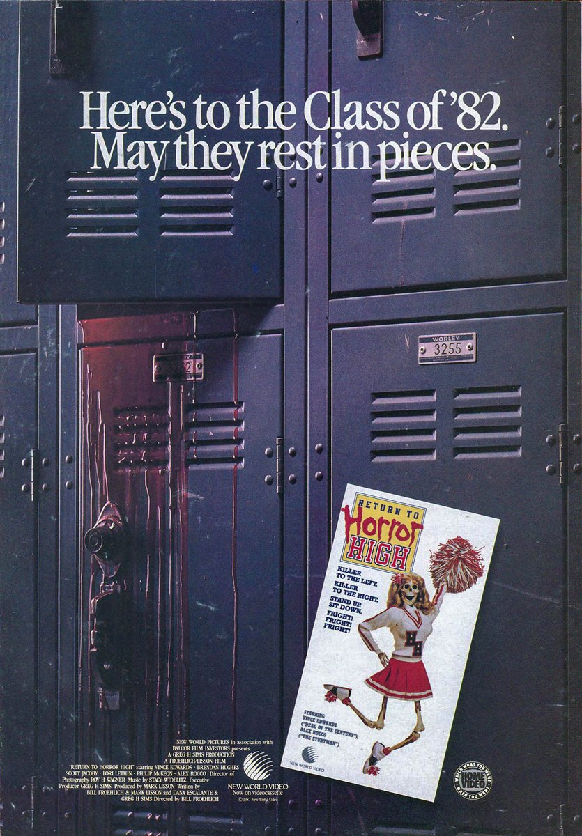 EugWSerra's tweet photo. On January 9, 1987, RETURN TO HORROR HIGH was released. #ReturnToHorrorHigh #LoriLethin #GeorgeClooney #AlexRocco #MaureenMcCormick #NewWorldPictures #DarcyDeMoss #ScottJacoby #BrendanHughes #PepperMartin #VinceEdwards #1980sHorror https://t.co/AnYe4MJMHZ