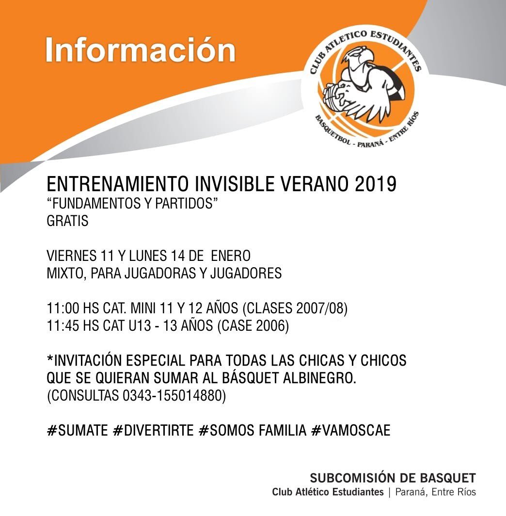 CaeBasquet's tweet photo. ENTRENAMIENTO ABIERTO
Para más categorías Mini (11 y 12 años) y U13 vamos a realizar dos jornadas de entrenamientos abiertos a todo público, quienes participen obtendrán importantes beneficios para la temporada 2019.
Los esperamos! 
#VamosCAE #Sumate https://t.co/3tG7O986Xc