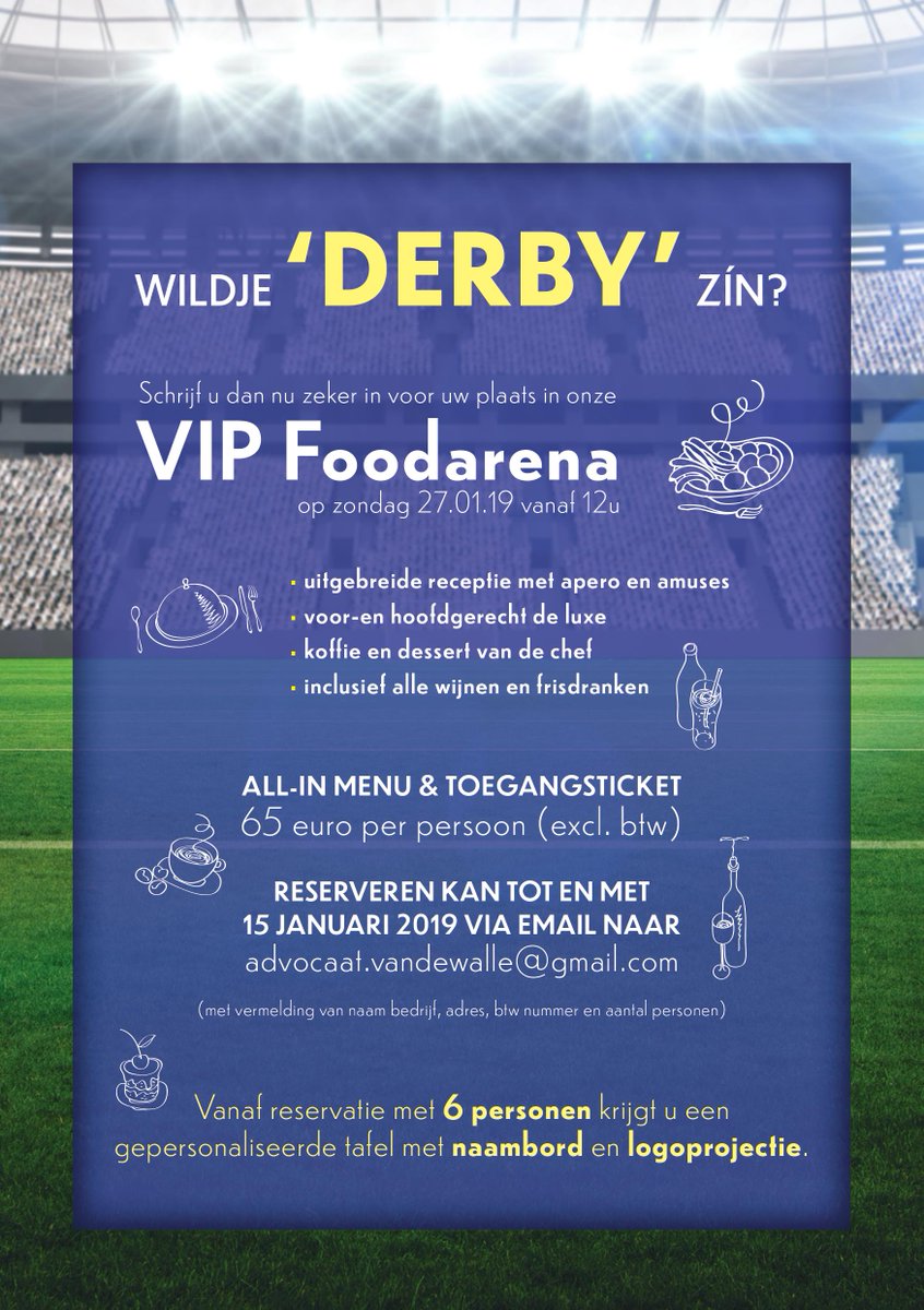 Wees er snel bij om een plaatsje te bemachtigen op de VIP Foodarena tijdens DE derby v/h jaar!