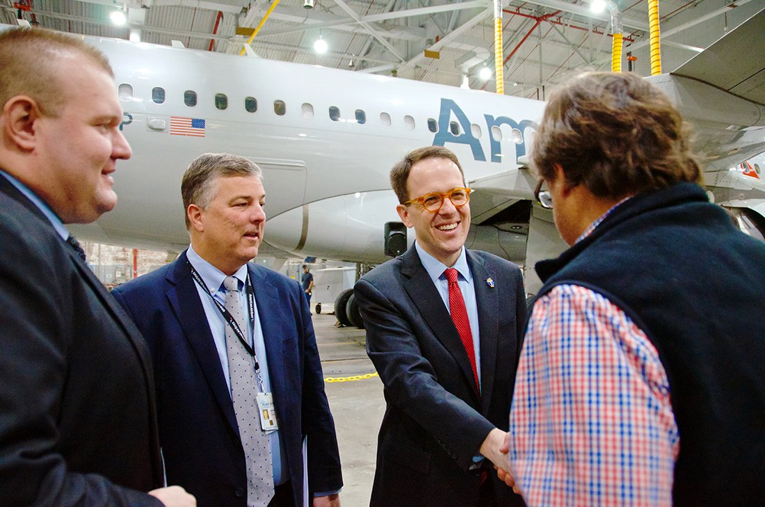 cityoftulsagov's tweet photo. Mayor @gtbynum and Tulsa City Councilors joined officials from American Airlines and Tulsa Metro Chamber for a ribbon cutting to celebrate completion of the first Vision Tulsa economic development project - a new hangar tail slot at the AA maintenance base at the Tulsa airport. https://t.co/AG39A9SiGB