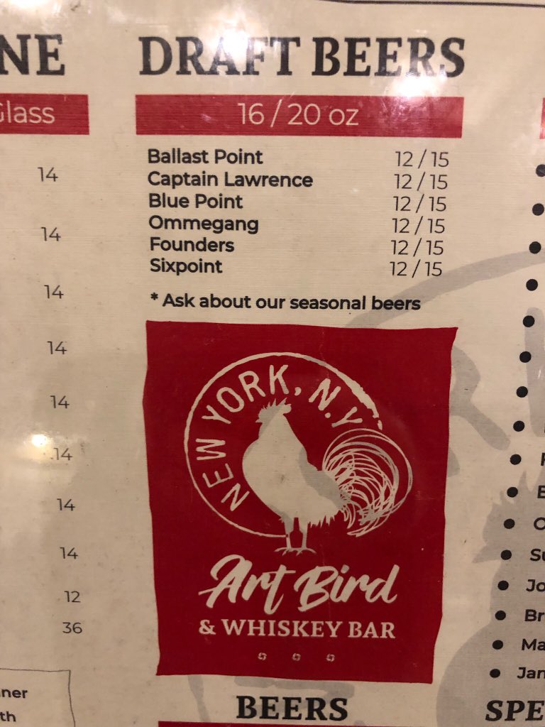 gallagherj's tweet photo. Check out the draft beer prices at the new Art Bird &amp; Whiskey Bar on the LL of Grand Central. $12 for a draft beer in what is essentially a windowless basement frequented by homeless people &amp; the borderline insane. Outrageous! Bring back the beer carts! @MetroNorth @GCPBID https://t.co/TkM5B53Gwx