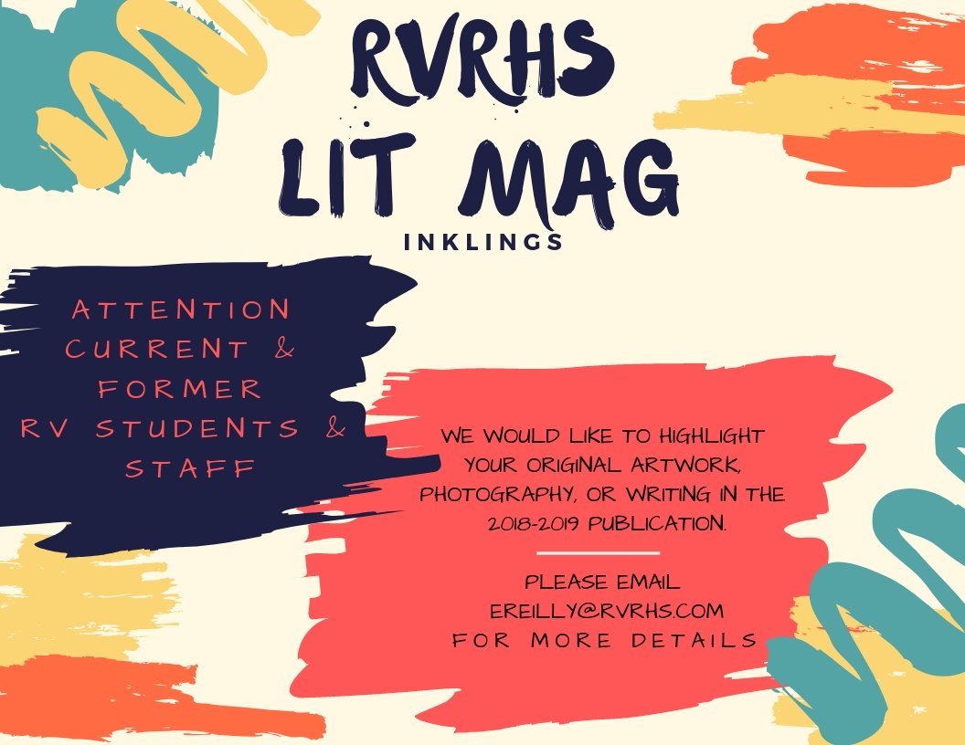 Now accepting submissions for the 2018-2019 publication of Inklings - Rancocas Valley's literary and arts magazine. #RVRHS #literarymagazine #INKLINGS #art  #photography #writing