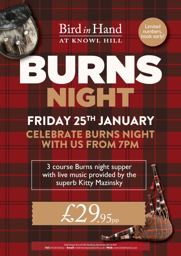 birdinhandKH's tweet photo. Come and Celebrate #BurnsNight with us! 
Friday January 25th, a 3 course meal and Live Music from @KittyMazinsky £29.95pp
Book now to avoid disappointment! https://t.co/YNo08BvfF6