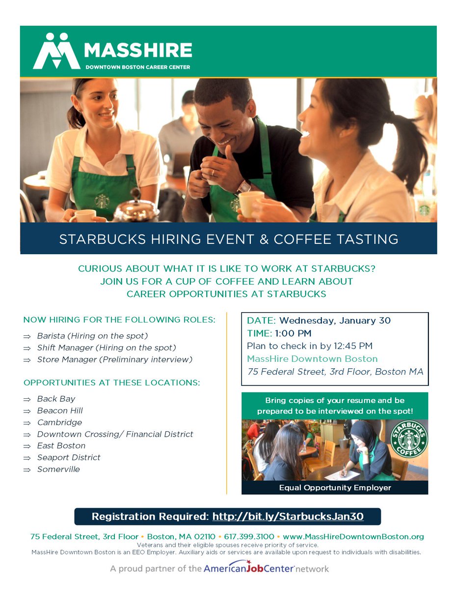 Interested in working at #Starbucks? Join us and <a href="/valerio_tom/">Tom Valerio</a> for a cup of coffee and learn about career opportunities at Starbucks on Wed, 1/30. Learn more and register here - bit.ly/StarbucksJan30