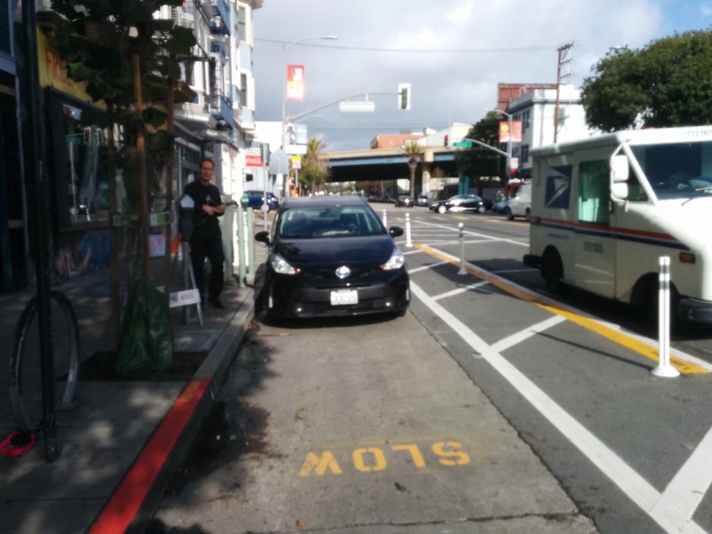 As with all parking-protected bike lanes, it takes a while for drivers to get the message.