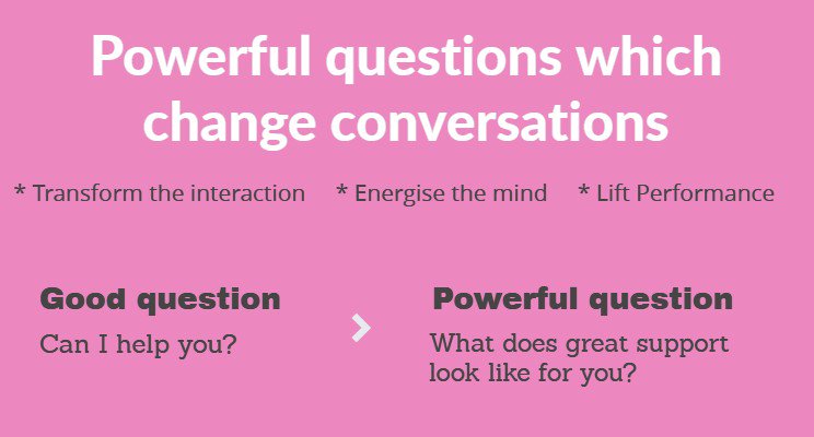 The question "What does great support look like for you?", gives a person the chance to take responsibility to ask for what they need.  

People shrug off the question "Can I help you?", don't ask for what they need &amp; become resentful.

#coaching #performancemanagement