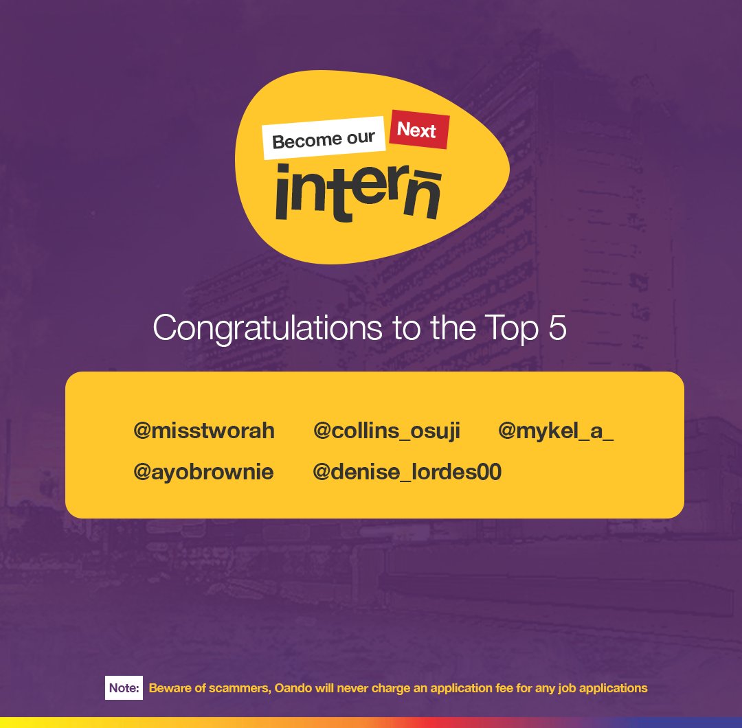 Oando_PLC's tweet photo. And then there were five! Congratulations to the final 5 participants who will proceed to the next stage of the #OandoPRInternSearch. Please expect your interview invitation in your email inbox. Congratulations and good luck. #OandoInternSearch https://t.co/KK5xG910qL