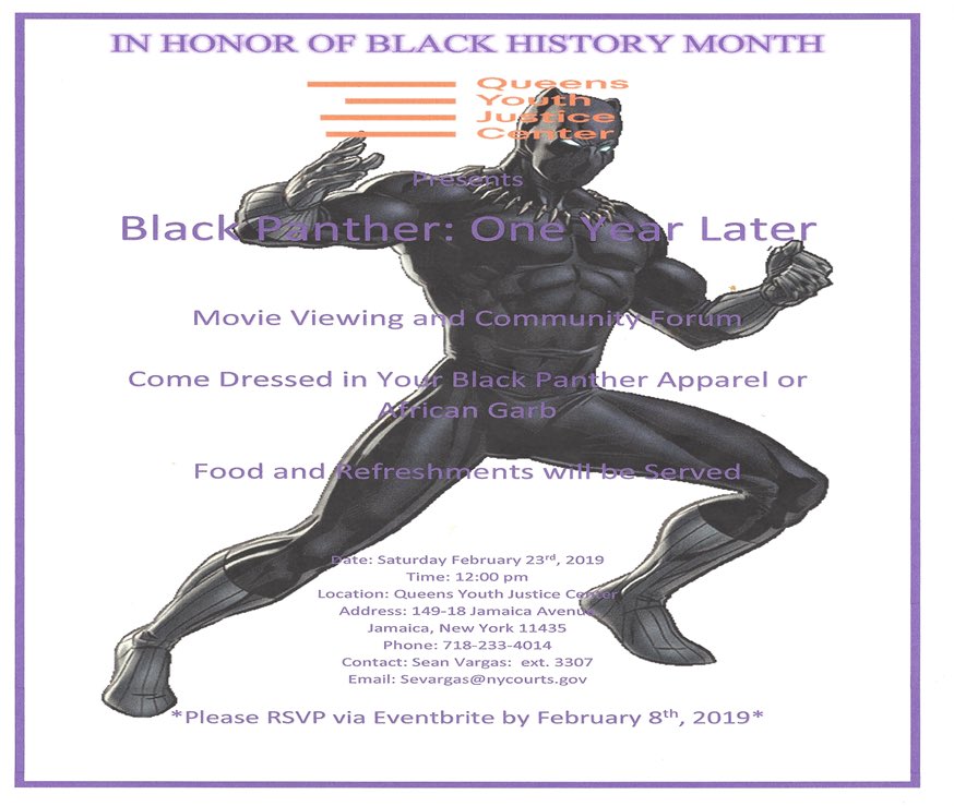 queenscjc's tweet photo. SAVE THE DATE! Come join us for our screening and discussion of Black Panther: One Year Later. Come share your thoughts on the impact the record breaking movie has had on society. You don't want to miss it!! https://t.co/wavbtwFFdZ