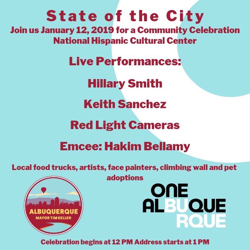 MayorKeller's tweet photo. We are excited for this weekend’s FREE State of the City address, but we are even more excited for the special guest performances from #Hillarysmith, #KeithSanchez, #Redlightcameras, and of course our Emcee Hakim Bellamy! #OneAlbuquerque 
RSVP here https://t.co/JXO50DeDPC https://t.co/CzrrLpiiRa