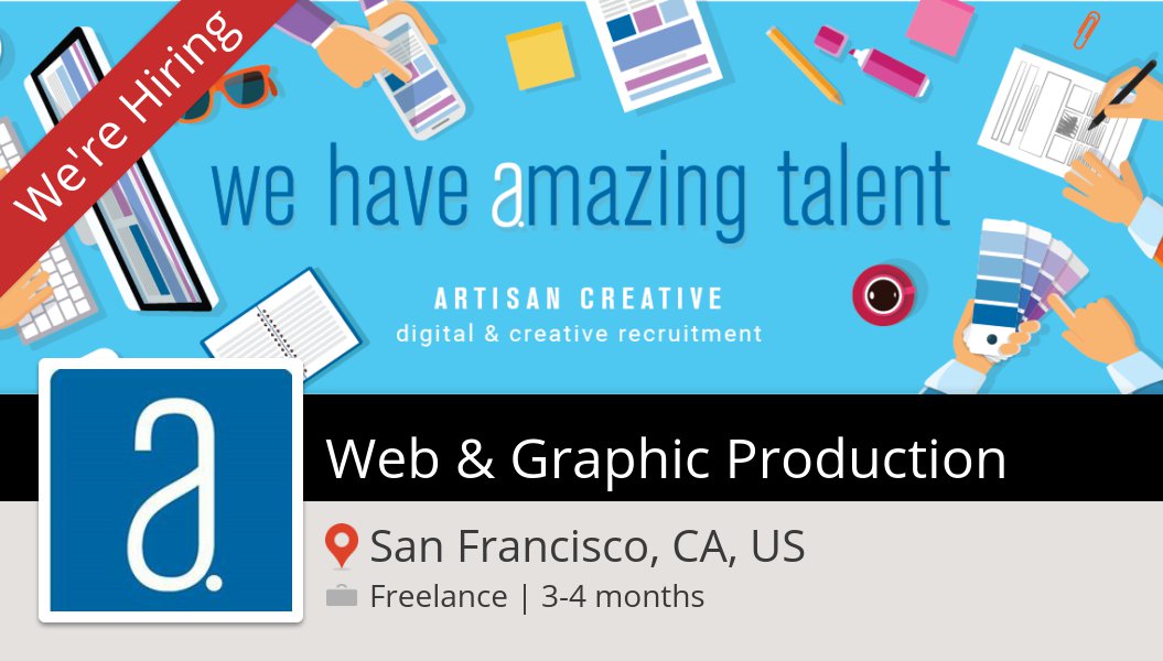 jenartisan's tweet photo. #ArtisanCreative is looking for a #Web &amp; Graphic #Production, apply now! (#SanFrancisco) #job https://t.co/GzUpGVGdpj #creative #design #staffing #recruitment #designjobs #hiring #digital #jobs #graphicdesign #losangeles https://t.co/iiK5llI2dW