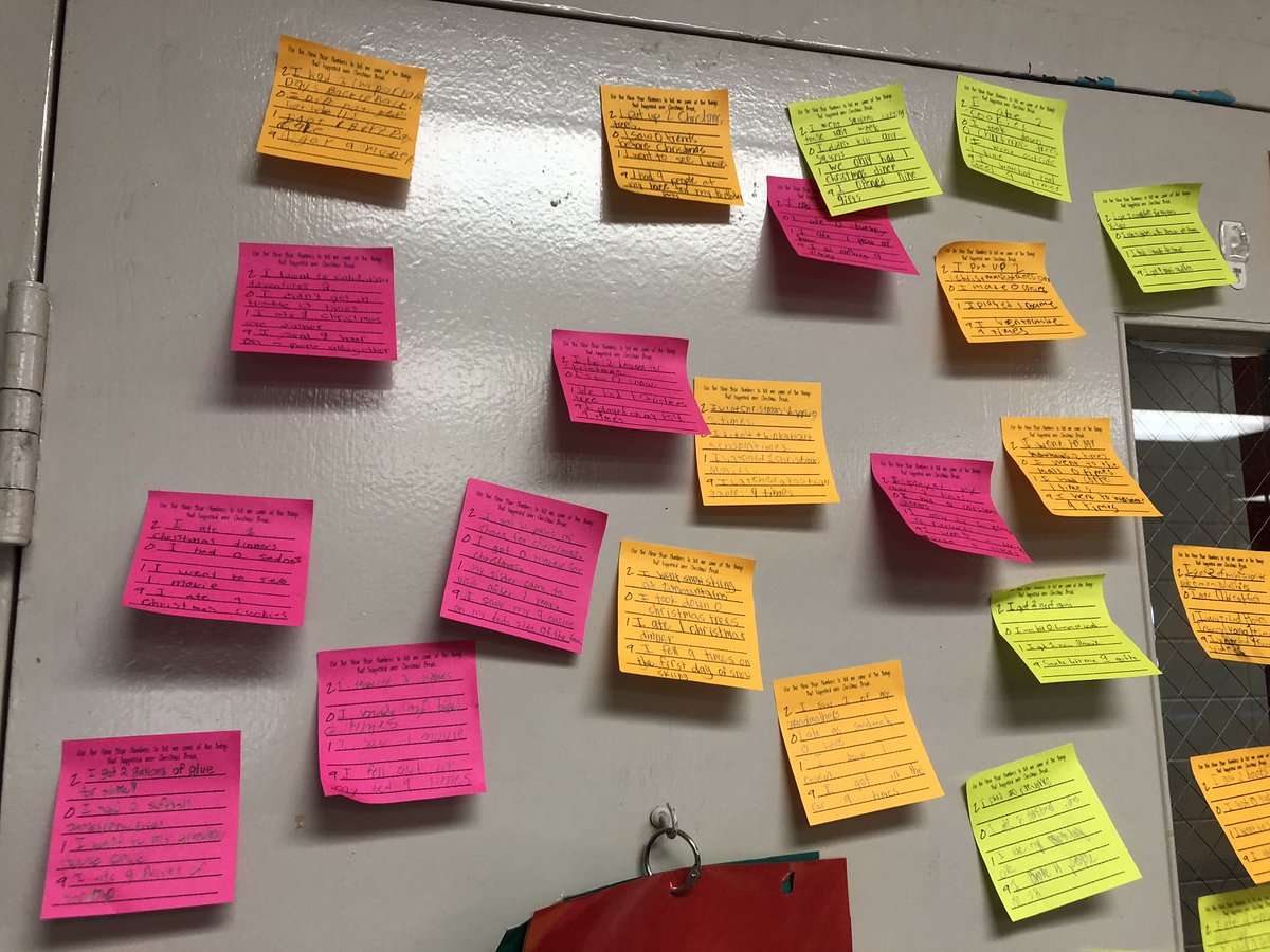 5th_math's tweet photo. 1st day back from Christmas Break has been so fun! We gained several new kiddos who moved in. I’m excited to get to know them & watch them grow new friendships here! I also discovered how to print on Post It’s!! I’m hooked! #greatday #day90 #postitseverywhere https://t.co/876q6hvoVK