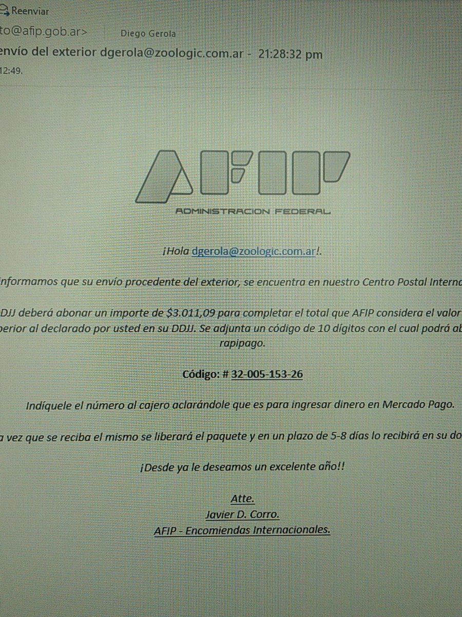 Diegazzzo's tweet photo. @AFIPcomunica este es un mensaje de ustedes? Vino desde contacto@afip.gob.ar https://t.co/lsty5d8OAU