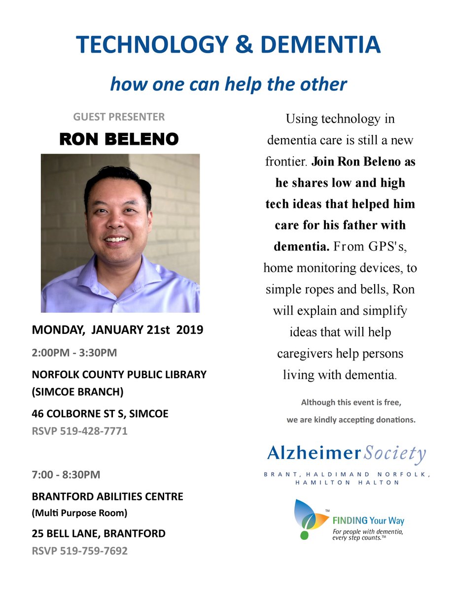 rb33canada's tweet image. Friends especially #caregivers in York Region &amp;amp; Southern Ontario
I have some presentations w/ local Alzheimer's Societies on Technology &amp;amp; #Dementia
#AlzheimersAwarenessMonth🇨🇦
@DementiaAlzh
Jan 21 Simcoe &amp;amp; Brantford
@AlzheimerYork 
Jan 23/30 Newmarket &amp;amp; Thornhill
Pls pass along😉