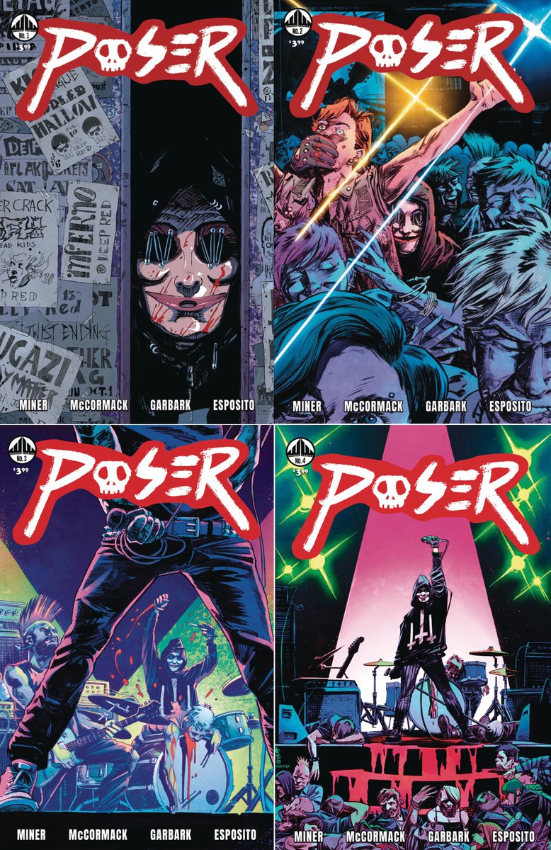 In honor of the final issue of Poser coming out today from <a href="/WaxworkComics/">Waxwork Comics</a> , here are all 4 covers together - we were going for a progression of Poser killing his way up to the stage of a club, and I think it came out pretty good! Thanks to <a href="/DougGarbark/">Doug Garbark</a>  for the great colors!