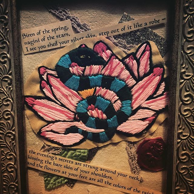 Oh! And I forgot to post this one, an #embroiderycollage made for my dear friend @shvetathakrar for her birthday :). Features an embroidered snake and lotus, bits of a poem I wrote for her, fabric leaves, various papers, and a wax rose seal :). #embroide… bit.ly/2RfxY74
