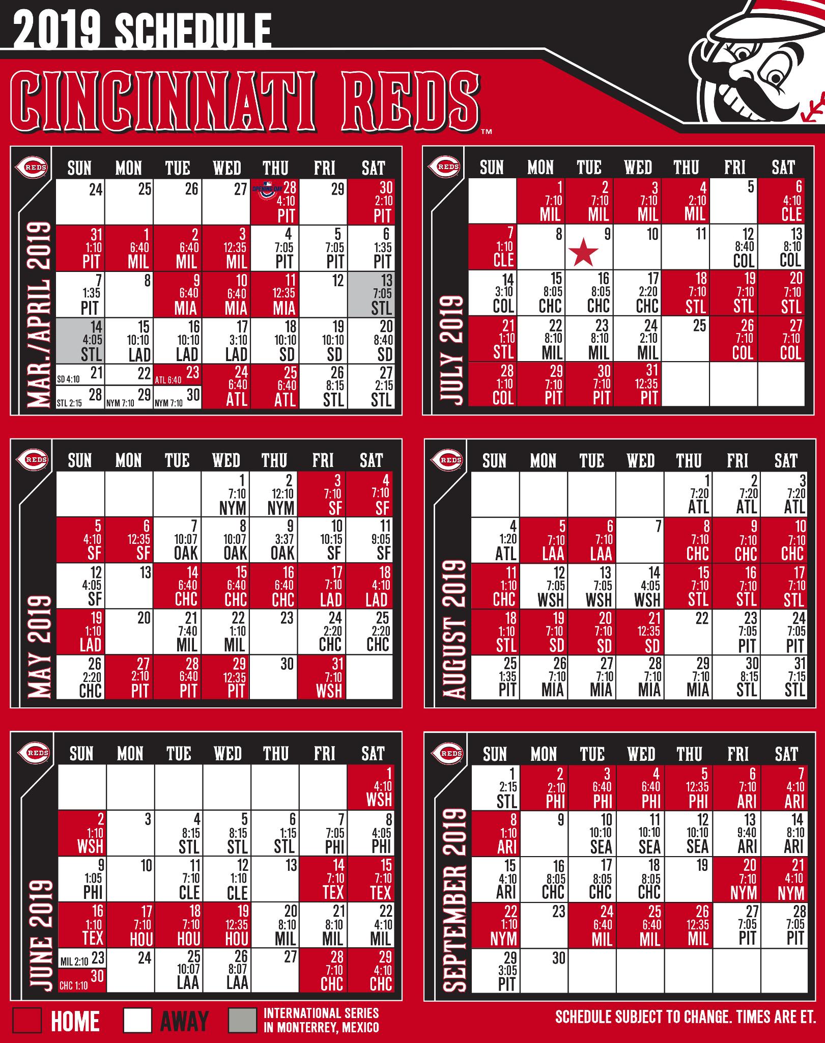 Reds Schedule For 2022 Cincinnati Reds On Twitter: "The 2019 #Reds Schedule Is Now Complete With  The Addition Of Road Game Times. 🔴 Viewable: Https://T.co/Pg6Nf7Ilhx 🔴  Printable: Https://T.co/Dfznxemymp Https://T.co/Gvejsymsei" / Twitter