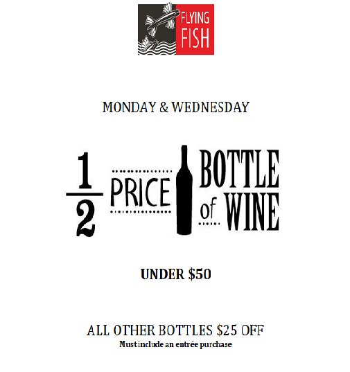 thefishseattle's tweet photo. Like to enjoy a nice bottle of wine with your friends or love ones?  Come to Flying Fish in South Lake Union every Monday and Wednesday, and get half price off on selected bottles! https://t.co/bADfhrN7fX