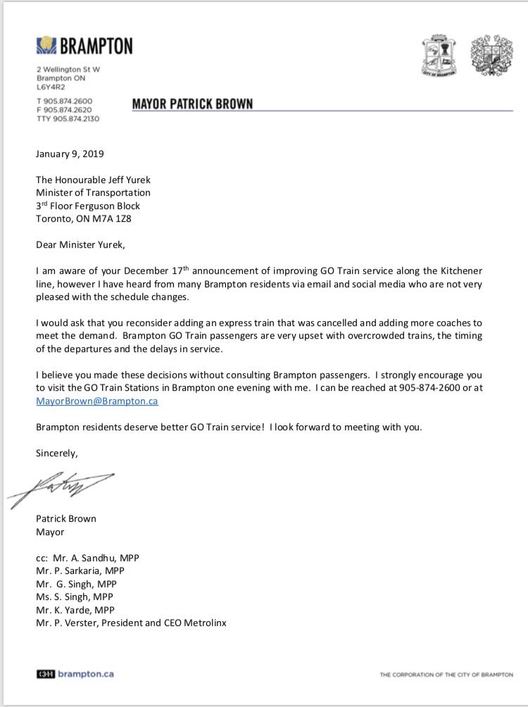 patrickbrownont's tweet photo. My letter to Minister of Transportation @JeffYurekMPP about @GOtransit concerns in #Brampton. #brampoli #onpoli https://t.co/HAMrsBRBwN