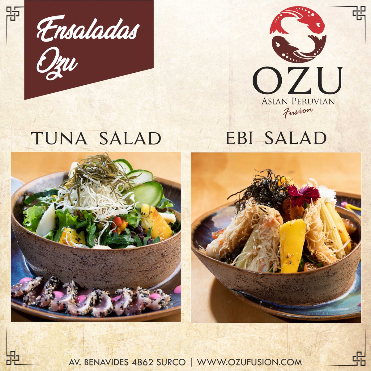 FusionOzu's tweet photo. Te encanta la comida Japonesa...
pero quieres comer ligero por las noches?

¡Ven a probar las #EnsaladasOzu!
De Lunes a Sábado desde las 7pm.

#Ozu #AsianPeruvianFusion
Av. Benavides 4862 Surco 
(A media cdra. de Av. Velasco Astete)
T: 981941138 | (01)497-5918 https://t.co/i5QWnx1aOK