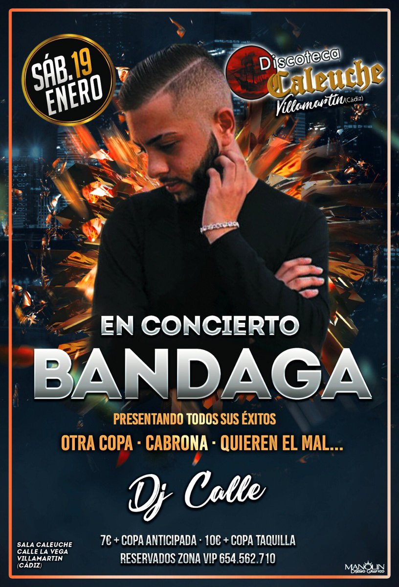 Sábado 19 de enero 
Concierto 💫 BANDAGA💫 
En cabina nos acompañará DJ CALLE 🎵 

Entrada anticipada más copa🥃 7€
Entrada en taquilla más copa 🥃 10€
📞Reservados zona vip 654.562.710 <a href="/DiscoCaleuche/">Discoteca Caleuche</a> @LOMEJORDECADIZ <a href="/javirodriguezco/">JAVI RODRIGUEZ DJ</a> <a href="/AlltoMontellano/">Alluntam. Montellano</a> <a href="/UDVillamartin/">UD Villamartín</a> <a href="/ciudadjerez/">Ayuntamiento de Jerez</a>