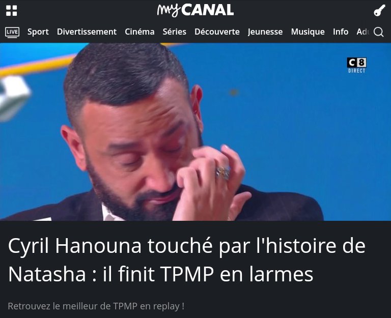 Regardez Cyril Hanouna touché par l'histoire de Natasha : il finit TPMP en larmes sur #mycanal mycanal.fr/d-8-divertisse… via <a href="/myCANAL/">myCANAL</a>