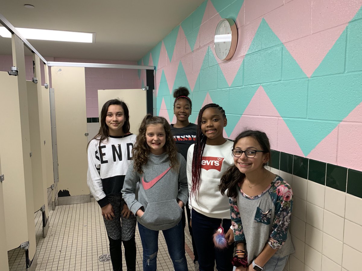 TechNinjaTodd's tweet photo. A small group of 5th grade girls were tasked with designing the 3rd-5th grade girls bathroom! They selected the design, paint colors, posters, clock, new mirror, and an air freshener. Here is the finished product of our first bathroom redesign! #WebbElem #KidsDeserveIt https://t.co/6FPihDNlP4