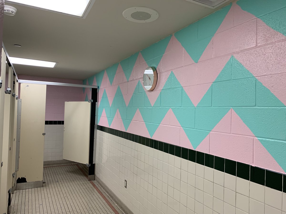 TechNinjaTodd's tweet photo. A small group of 5th grade girls were tasked with designing the 3rd-5th grade girls bathroom! They selected the design, paint colors, posters, clock, new mirror, and an air freshener. Here is the finished product of our first bathroom redesign! #WebbElem #KidsDeserveIt https://t.co/6FPihDNlP4
