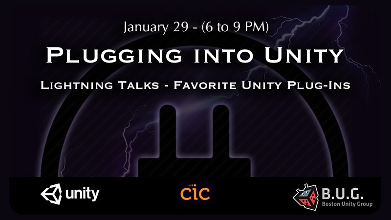 BosUnityGroup's tweet image. Join us on Jan 29th for -&amp;gt; Plugging into Unity: Lightning Talks - Favorite Unity Plug-ins! RSVP to learn about our community members’ favorite #Unity3D #UnityAssetStore plug-ins! Our event page has a link to submit a plug-in lighting talk of your own.  meetup.com/B-U-G-Boston-U…?