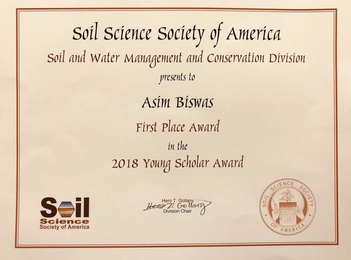 It’s a great honour to receive the #2018YoungScholarAward of #S6Division #SoilAndWaterManagementAndConservation of @SSSA_soils here at #SanDiego during #SSSAmtg #SSSA2019 @UofG_SES @uofg @UofGuelphOAC @UofGResearch Straight 5th #EarlyCareerAward in 2 yrs, 3rd from @SSSA_soils