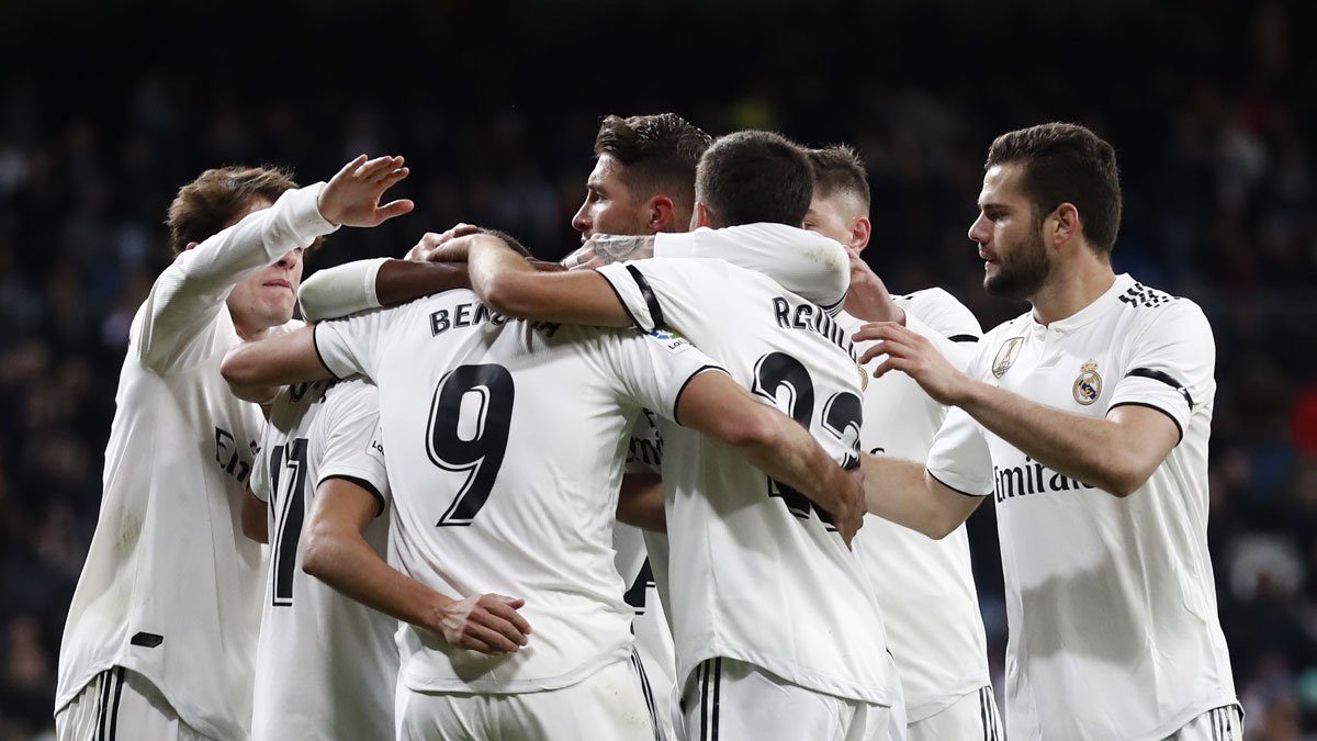 Los jugadores del Real Madrid, celebrando uno de los tantos de la ida.