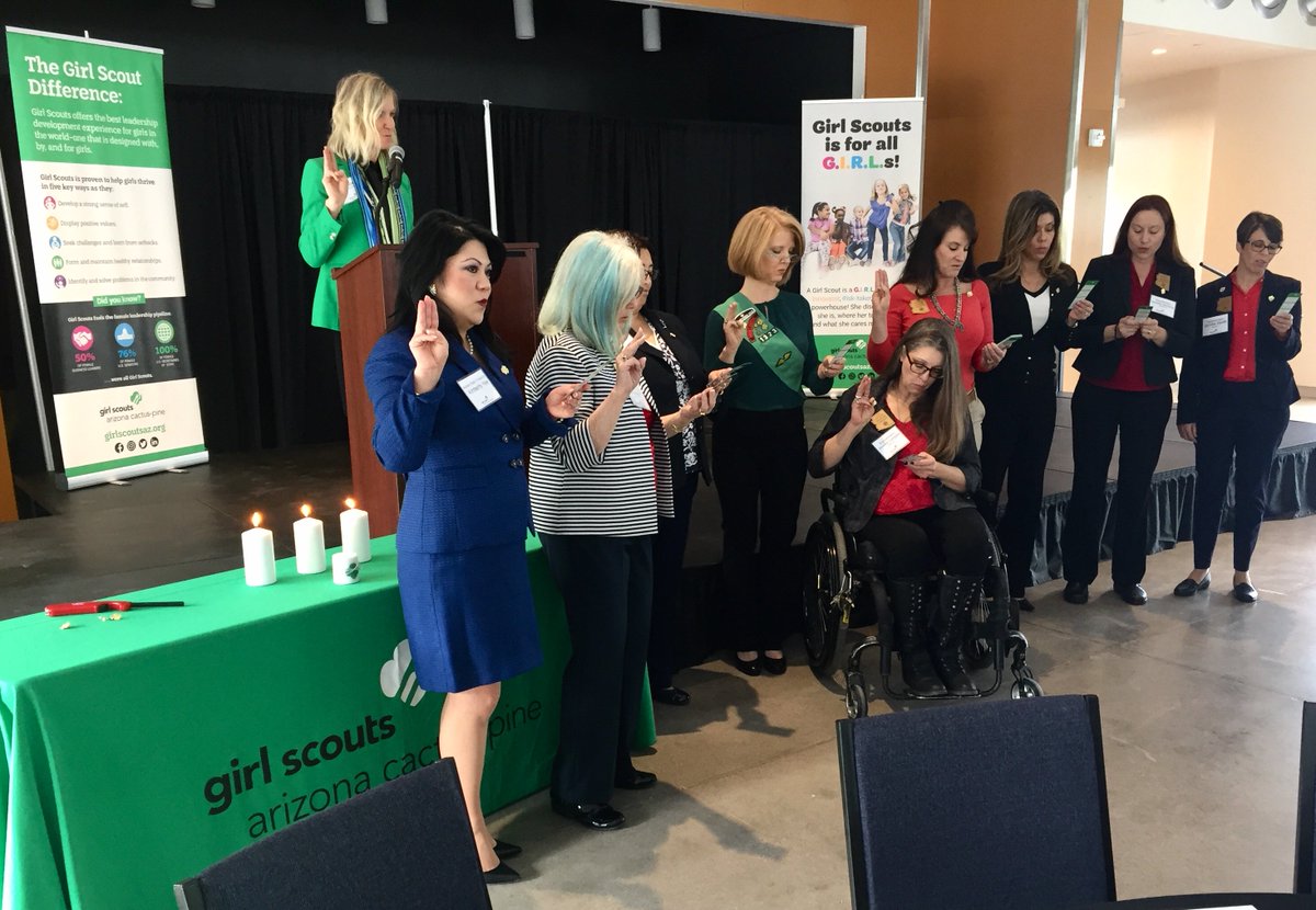 AZTreasury's tweet photo. In a ceremony today, Treasurer @KimberlyYeeAZ and several female legislators recite @gsacpc pledge and get official pinned as part of Troop 120.. an honorary group of elected AZ women.. Troop name recognizes the year when women's right to vote was recognized #aztreasury #GSalum https://t.co/4P1wmj2UIR