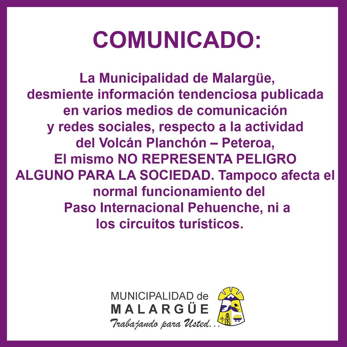 CasadeMalargue's tweet photo. Comunicado de la Municipalidad de Malargüe respecto a información tendenciosa del volcán Peteroa #malargue #volcanpeteroa https://t.co/JeCIZOkUT4