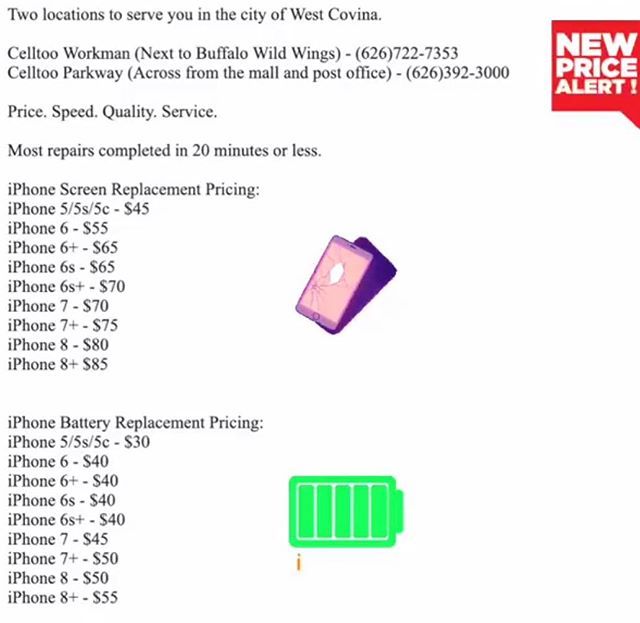 celltoo's tweet image. Updated pricing for January 2019. 5 repairs or referrals and on the next one you pay for the part only. #Celltoo #WestCovina #BuySellRepair bit.ly/2FjKOLn