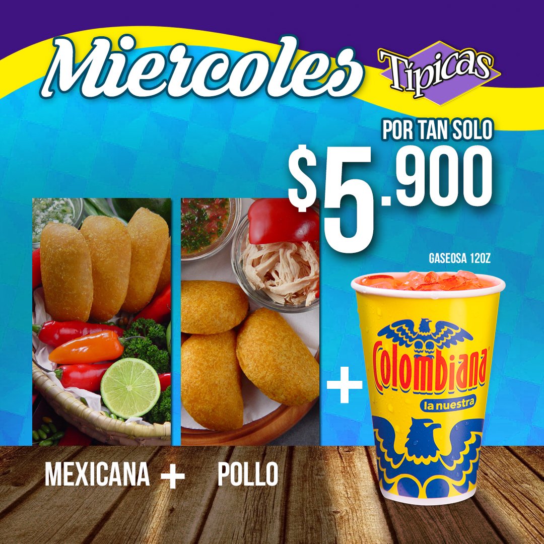 tipicasempanada's tweet photo. Miércoles de sabor; hoy disfruta de este increíble combo de 1 Empanada Mexicana + 1 Empanada de Pollo + 1 Gaseosa refrescante por tan solo $5.900 en todos nuestros puntos de sabor.
#laolaamarilla #tipicasempanadas #miercolesdelicioso #mejorencombo #delicioso https://t.co/G9DHf4TM7q