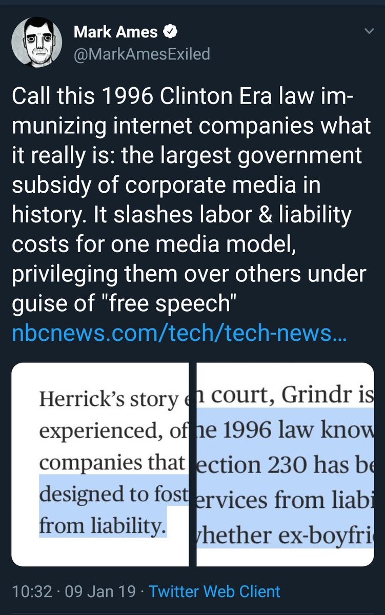 29. 1996 Telecommunications act which shielded corporations from liability for harassment under the guise of free speech https://twitter.com/MarkAmesExiled/status/1083023753729187843?s=19