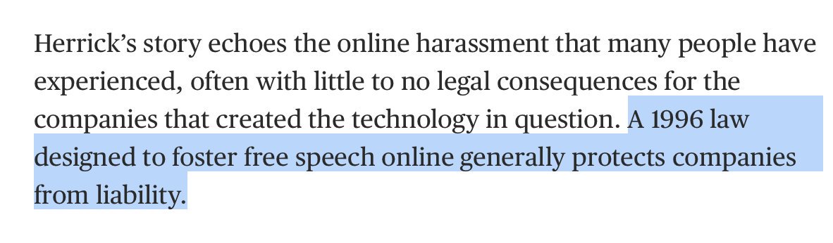 29. 1996 Telecommunications act which shielded corporations from liability for harassment under the guise of free speech https://twitter.com/MarkAmesExiled/status/1083023753729187843?s=19