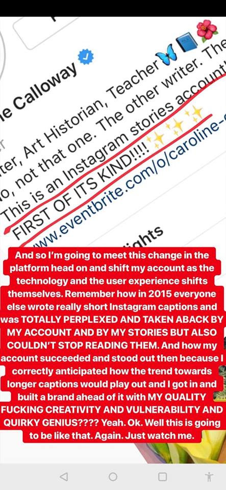 Scammer is now claiming she invented writing long Instagram captions & has revolutionized Instagram Stories by writing more long captions.