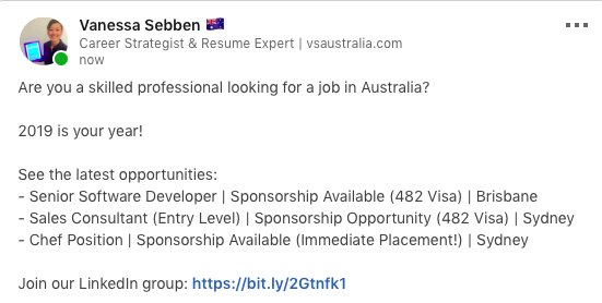 vsaustralia1's tweet photo. Are you a skilled professional looking for a job in #Australia? 2019 is your year! See latest opportunities below & join our LinkedIn group: https://t.co/MsGnS1sbQW #Jobs #Australia #IntlEd #SkilledProfessionals #482Visa #TSS #TSSvisa https://t.co/tojkkBneJV