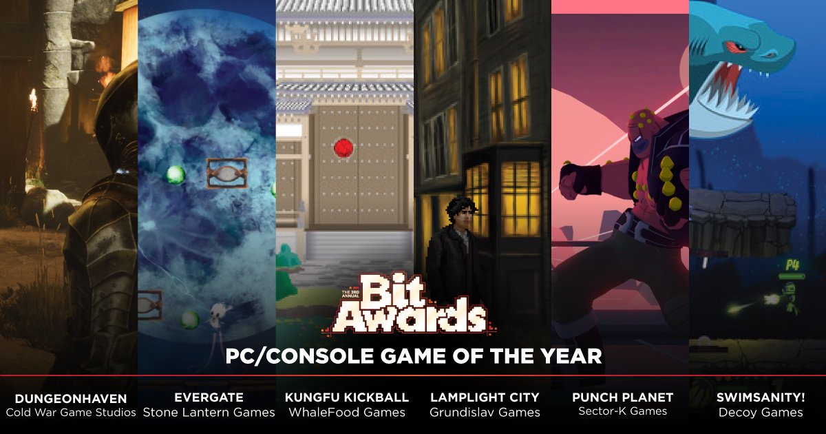 Playcrafting's tweet photo. 🏆 #TheBitAwards PC/CONSOLE GAME OF THE YEAR

The nominees...
DUNGEONHAVEN: Cold War Game Studios
EVERGATE: Stone Lantern Games
KUNGFU KICKBALL: WhaleFood Games
LAMPLIGHT CITY: Grundislav Games
PUNCH PLANET: Sector-K Games
SWIMSANITY!: Decoy Games

JOIN: https://t.co/VJ85nH673F https://t.co/SulGQkN5bL