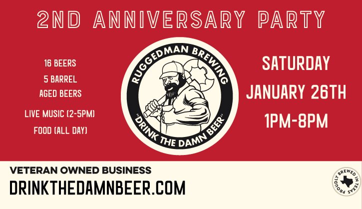 ruggedmanbrew's tweet photo. 2nd Anniversary Party is almost here!  16 beers on tap (5 Barrel Aged), Live Music (@ManzyLowry, @Theotherstoney) and @RoadDogsNB will be serving up great food all day!  Get Your Tickets Now:
https://t.co/22hyFAmr4D https://t.co/wzb1Qg3Xu6