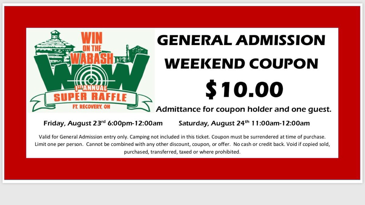 RaffleWow's tweet photo. We are giving away 5 General Admission Tickets. Drawing 1/16.Must retweet this post and follow us. This ticket will get you into the WoW Super Raffle event. Come out on Aug 23 &amp; 24 for Side Raffles, 50/50, Live Bands, Cold Beverages, Great Food &amp; a whole lot of fun! WoW! https://t.co/0mjcekEaMv